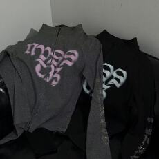 批发美式复古秋季新款辣妹开衫字母烫钻拉链修身显瘦长袖T恤打底上衣