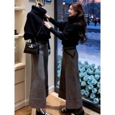 批发高领麻花针织上衣叠穿打底衫<b class='q'>千鸟格</b>阔腿裤三件套女秋冬季时尚<b class='q'>套装</b>