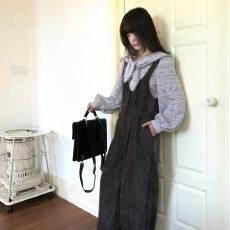 批发灰咖色秋冬新款雪尼尔厚实长裤学院风古早百搭<b class='q'>女</b>阔腿<b class='q'>背带裤</b><b class='q'>女</b>