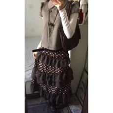 批发古早轻亚感~日系复古棕色波点重工木耳拼接蛋糕a字半身裙女<b class='q'>春</b>秋季