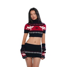 批发冬季节日驯鹿提花高领露腰短袖毛衣+半身裙套装新款显瘦<b class='q'>两件套</b>