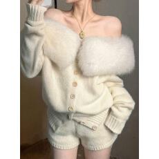 批发秋日韩版温柔风气质毛领一字肩长袖开衫外套女款秋冬高腰短<b class='q'>裤</b>套<b class='q'>装</b>