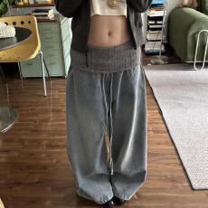 批发美式vibe大码水洗做旧毛绒拼接牛仔裤女辣妹直筒宽松显瘦阔腿长裤