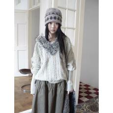 批发韩系复古大v领针织衫女秋冬穿搭毛领拼接蝙蝠袖毛衣<b class='q'>宽松</b>辣妹上衣