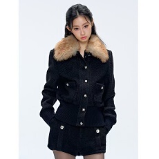 批发韩系小香风黑色毛领外套女高级感百搭翻领气质夹克冬季新款