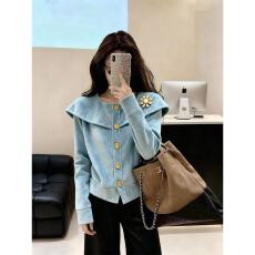 批发清冷富家千金穿搭巨好看的初冬小香风蓝色保暖斗篷式加厚外套女