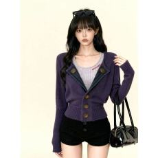 批发紫色<b class='q'>长袖</b>针织开衫女秋冬美式复古设计感小众收腰毛衣外套短款上衣