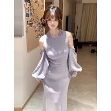 批发紫色针织<b class='q'>连衣裙</b>子女秋季2025新款法式时尚气质外搭收腰长裙两件套