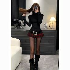 批发红色格纹<b class='q'>T</b><b class='q'>恤</b>套装女2025春秋新款高领长袖打底衫低腰百褶裙两件套