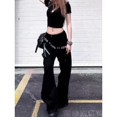 批发美式复古高级感标语字母廓形拼接<b class='q'>牛仔裤</b>子女辣妹个性潮流弯刀长裤