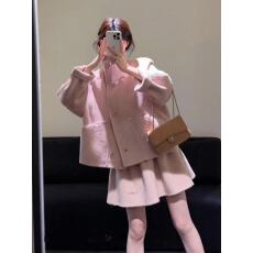 批发韩系小香风温柔粉色<b class='q'>立领</b>显瘦外套半身短裙两件套巨好看冬装一整套