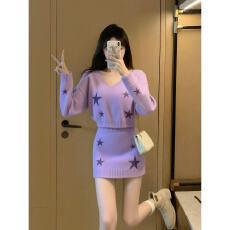批发韩系紫色针织套装女新款秋冬小个子穿搭显瘦星星上衣<b class='q'>半身裙</b>两件套