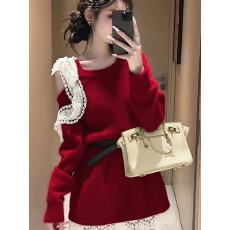 批发法式红色针织蕾丝边连衣裙子女新款秋冬小个子氛围感显瘦<b class='q'>毛衣</b>短裙