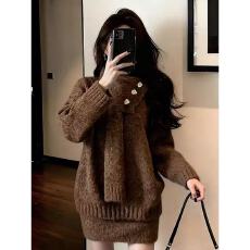 批发棕色<b class='q'>毛衣</b>套装初冬慵懒风穿搭女新款宽松小个子针织上衣短裙两件套