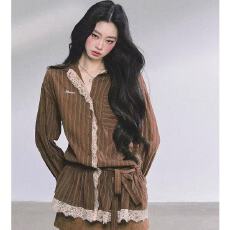 批发时髦知识分子%高级感法式蕾丝条纹衬衫女秋季收腰显瘦POLO领上衣