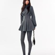 批发冬季法式灰色波点收腰长袖<b class='q'>连衣裙</b>衬衫裙女高级短款加厚裙子蝴蝶结