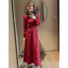 批发气质复古法式浪漫立体花朵通勤泡泡长袖流行爆款秋冬针织<b class='q'>连衣裙</b>