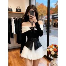 批发秋冬法式气质一<b class='q'>字</b>蝴蝶结腰封拼接开叉上衣显瘦百褶<b class='q'>半身裙</b>套装