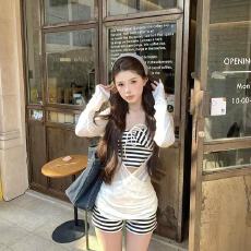 批发复古辣妹条纹系带背心休闲短裤<b class='q'>吊带</b>微透白色长袖交叉罩衫女三件套