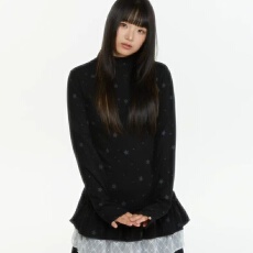 批发秋冬辣妹设计星星印花小高领打底衫花边中长款内搭叠穿长袖T恤ins