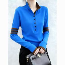 大码德绒韩版立领排扣拼接假俩件长袖T恤女2025秋冬新款百搭上衣