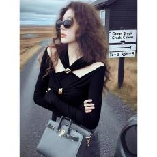 批发秋季独特漂亮<b class='q'>镂空</b>褶皱打底<b class='q'>衫</b>女内搭设计感黑色甜辣妹收腰上衣小众