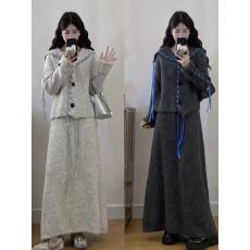 批发设计感系带大翻领针织开衫毛衣半身裙两件套女秋<b class='q'>大码</b>气质显瘦套装