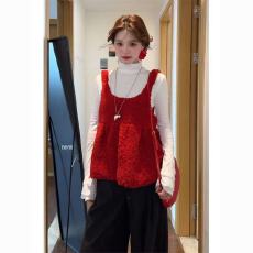 韩系减龄气质甜美红色吊带背心女学生秋冬新款长袖打底衫两件套装