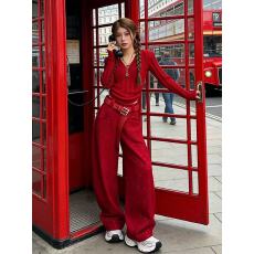 超好看时尚套装女冬季新款设计感红色修身短上衣加厚阔腿裤两件套