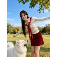 批发红色披肩polo领圣诞新年针织衫A字半身裙套装女秋冬新款时尚套装