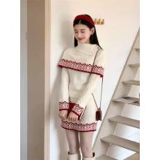 批发秋冬新款小香风假两件长袖针织衫女韩系高级感穿搭半身裙三件套装