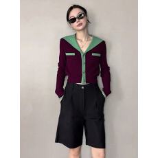 批发撞色拼接针织开衫女2025秋季新款慵懒松弛高级感毛衣百搭上衣