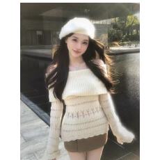 批发韩系慵懒风针织衫女2025冬季新款修身收腰显身材一字肩通勤打底衫