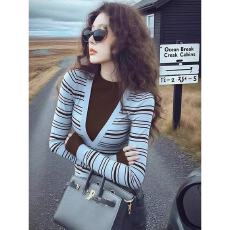 批发秋冬法式轻奢<b class='q'>条纹</b>撞色针织<b class='q'>打底衫</b>女内搭设计感修身复古巨好看上衣