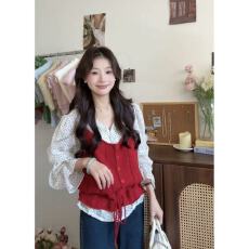 批发法式减龄甜美针织吊带女生2025早秋新款时尚休闲百搭叠穿<b class='q'>波点</b><b class='q'>衬衫</b>