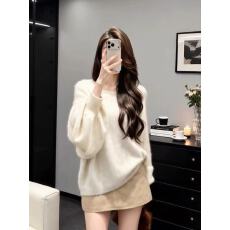 批发韩系一整套深冬穿搭巨好看灯笼袖毛衣圆领针织衫A字短裙两件套潮