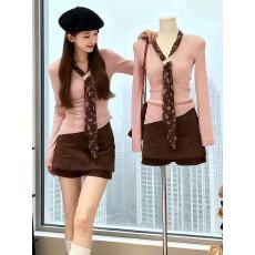 批发韩系甜美风<b class='q'>打底</b>衫毛衣套装女秋冬不规则正肩上衣收腰显瘦半身裙裤