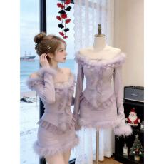 批发<b class='q'>名媛</b>风显身材绝美紫色蕾丝拼接毛毛长袖+包臀半身裙短裙秋冬<b class='q'>套装</b>