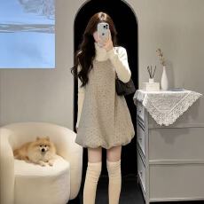 批发韩系清纯淑女风穿搭一整套U领无袖碎花花苞背心<b class='q'>连衣裙</b>+长袖针织衫