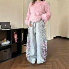 美式字母印花豹纹休闲裤男女宽松直筒阔腿运动慵懒拖地长裤