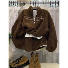 批发2025新款韩版显瘦半拉链字母刺绣羊羔毛<b class='q'>卫衣</b>+抽绳短裙时髦两件套