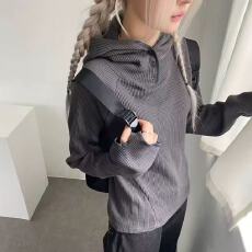 批发大码简约机能感小高领系扣华夫格连帽<b class='q'>宽松</b>卫衣<b class='q'>长袖</b><b class='q'>T</b><b class='q'>恤</b>百搭上衣女