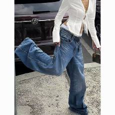 批发美式大码辣妹重磅设计感<b class='q'>钉珠</b>拼接<b class='q'>牛仔裤</b>女高街宽松bf慵懒风拖地裤