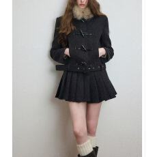 批发韩系穿搭气质百搭可拆卸毛领毛呢<b class='q'>外套</b><b class='q'>女</b>秋冬加厚百褶下摆呢子<b class='q'>大</b>衣