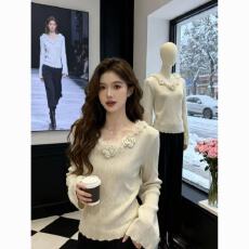 批发韩系氛围感毛毛拼接立体花朵v领<b class='q'>针织衫</b>女秋冬甜美喇叭袖打底上衣~