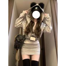 批发少女感小猫 甜美少女感小猫印花<b class='q'>连帽卫衣</b>外套高腰+半身裙两件套