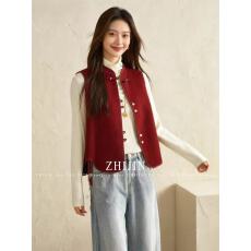 批发新中式红色毛呢马甲秋冬新年战袍毛呢大衣轻国风<b class='q'>女装</b>