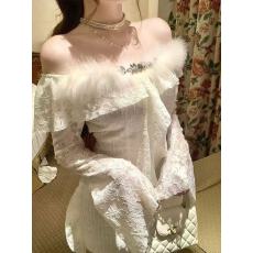 批发富家千金一字肩毛毛领<b class='q'>长袖</b>连衣裙女秋性感纯欲气质名媛显瘦包臀裙