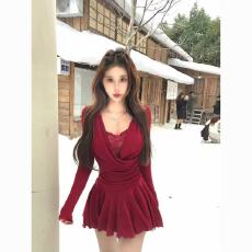 批发幽夜幻灵 蕾丝弹力纯欲假两件荷叶摆气质长袖<b class='q'>连衣裙</b>秋冬a字短裙子