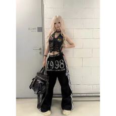 批发美式高街撞色条纹拼接双腰头直筒休闲裤男女设计感运动阔腿长裤潮